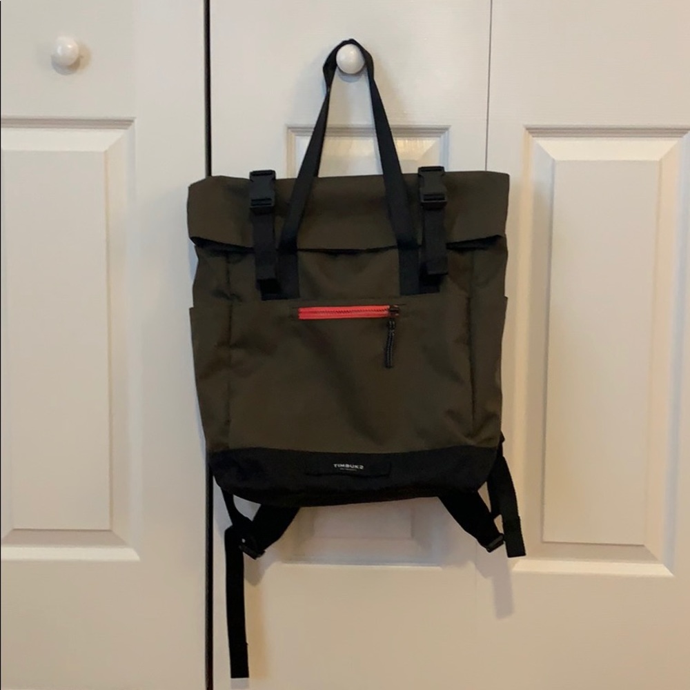 Brand Backpack Tote in Olive Green with Black Trim